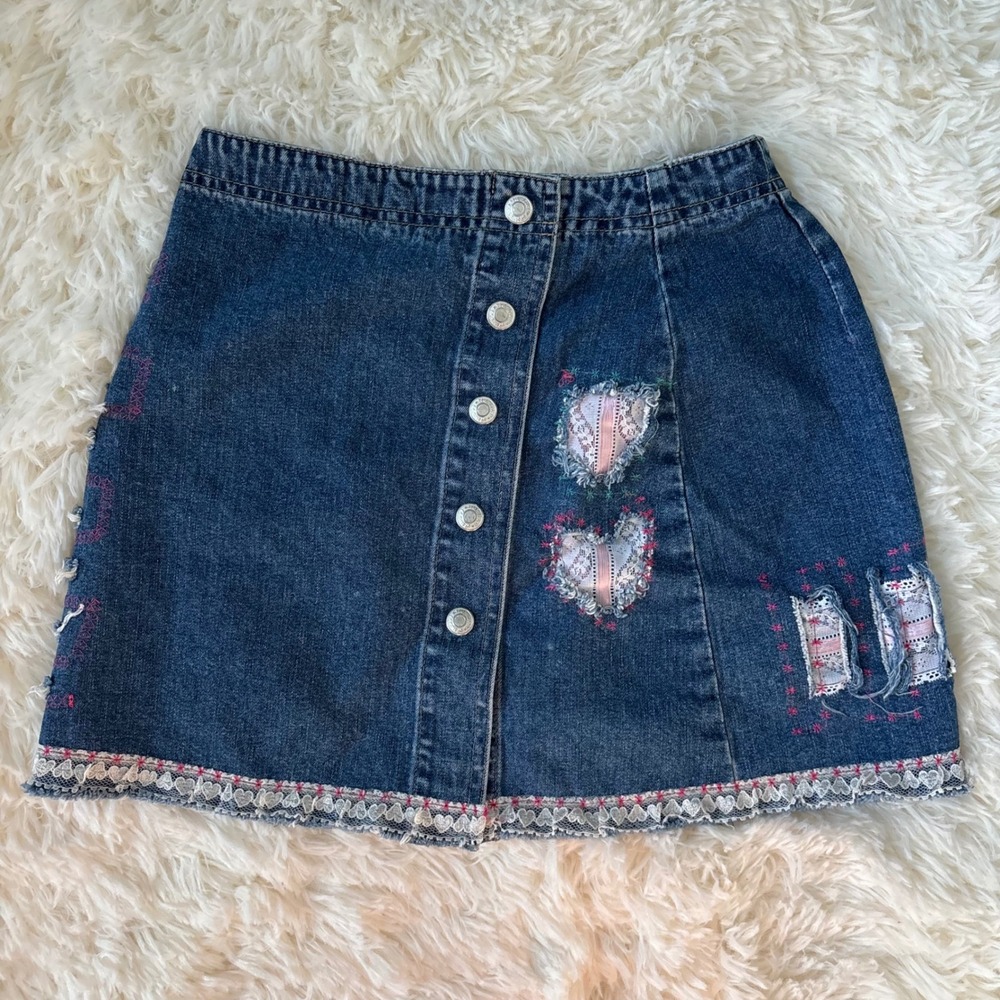 Gap Vintage Denim Mini Skirt Heart Lace Distressed Patchwork Button Front Blue 1
